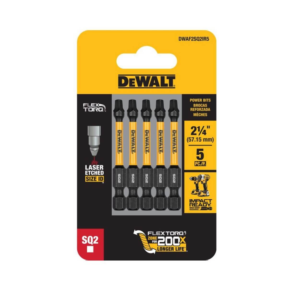 DEWALT DWAFE2SQ2IR5 - ELITE SERIES 2-1/4-in. FLEXTORQ Square #2 Impact Ready Bits (5-Pack)