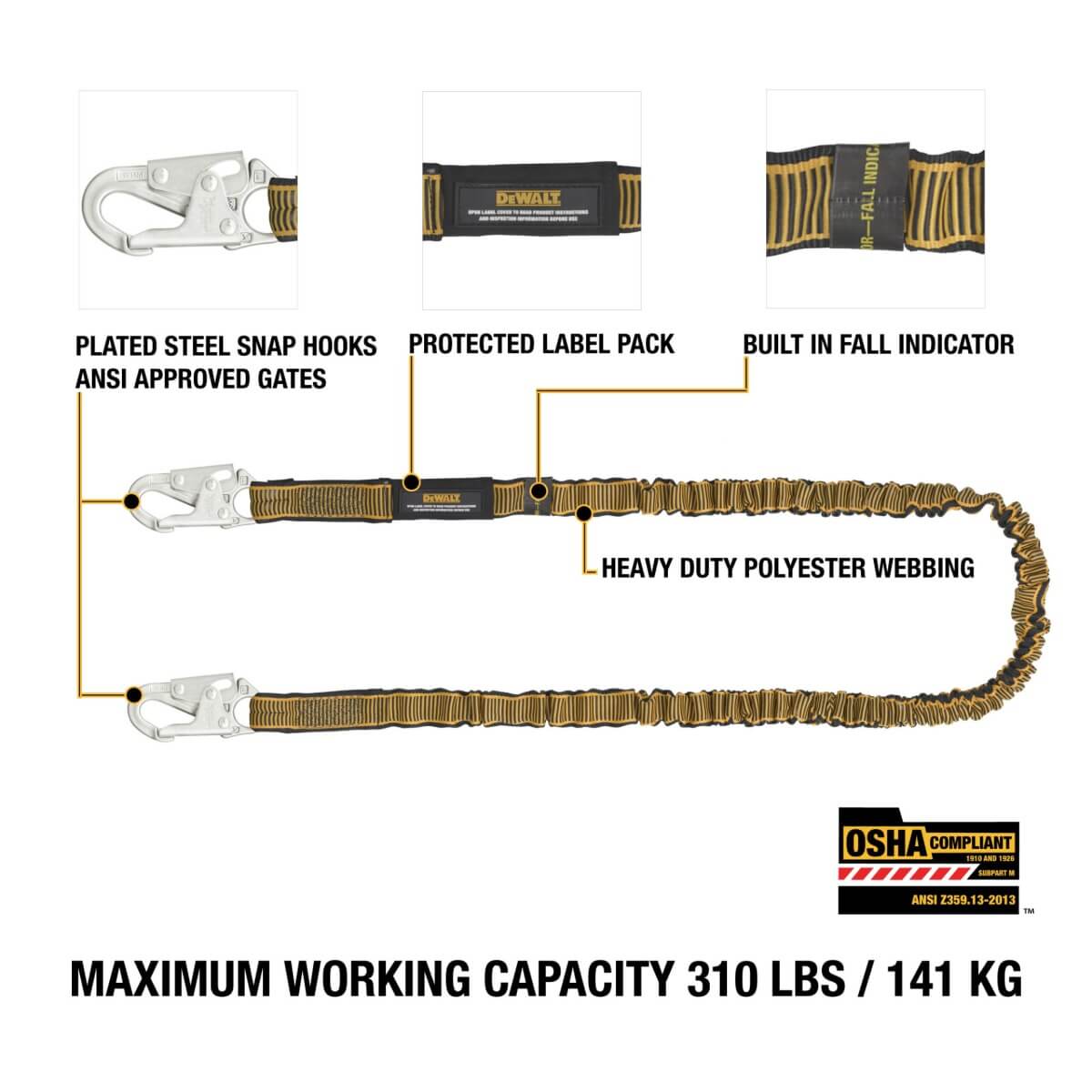 DEWALT DXFP612111 - 6' Internal Energy Absorber Single Leg Lanyard with Steel Snap Hooks