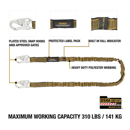 DEWALT DXFP612111 - 6' Internal Energy Absorber Single Leg Lanyard with Steel Snap Hooks