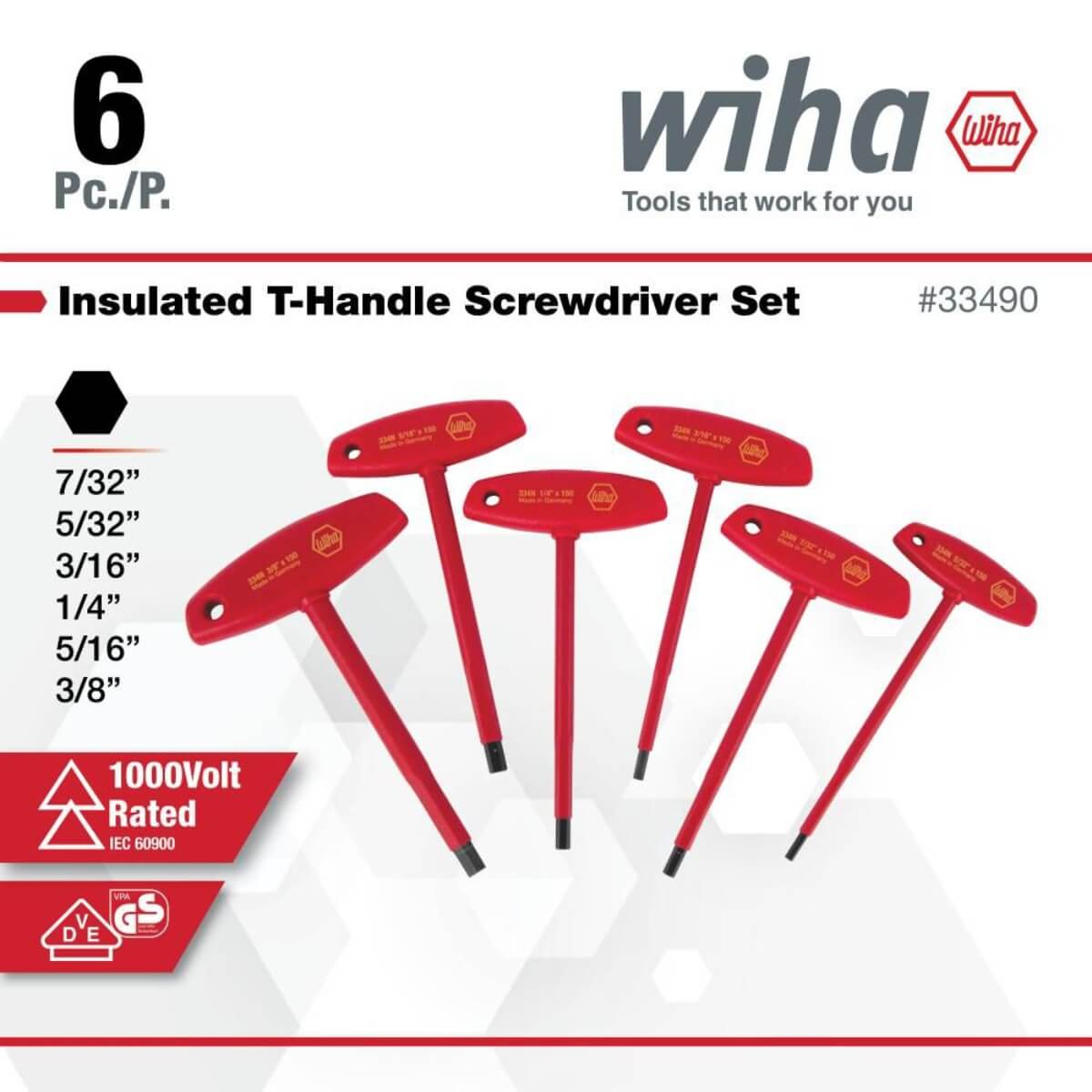 WIHA WIH-33490 - 6-Piece Insulated T-Handle Hex Screwdriver Set (SAE)