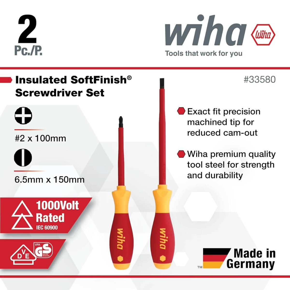 WIHA WIH-33580 - Insulated SoftFinish Slotted and Phillips Screwdriver Set, 2-Piece