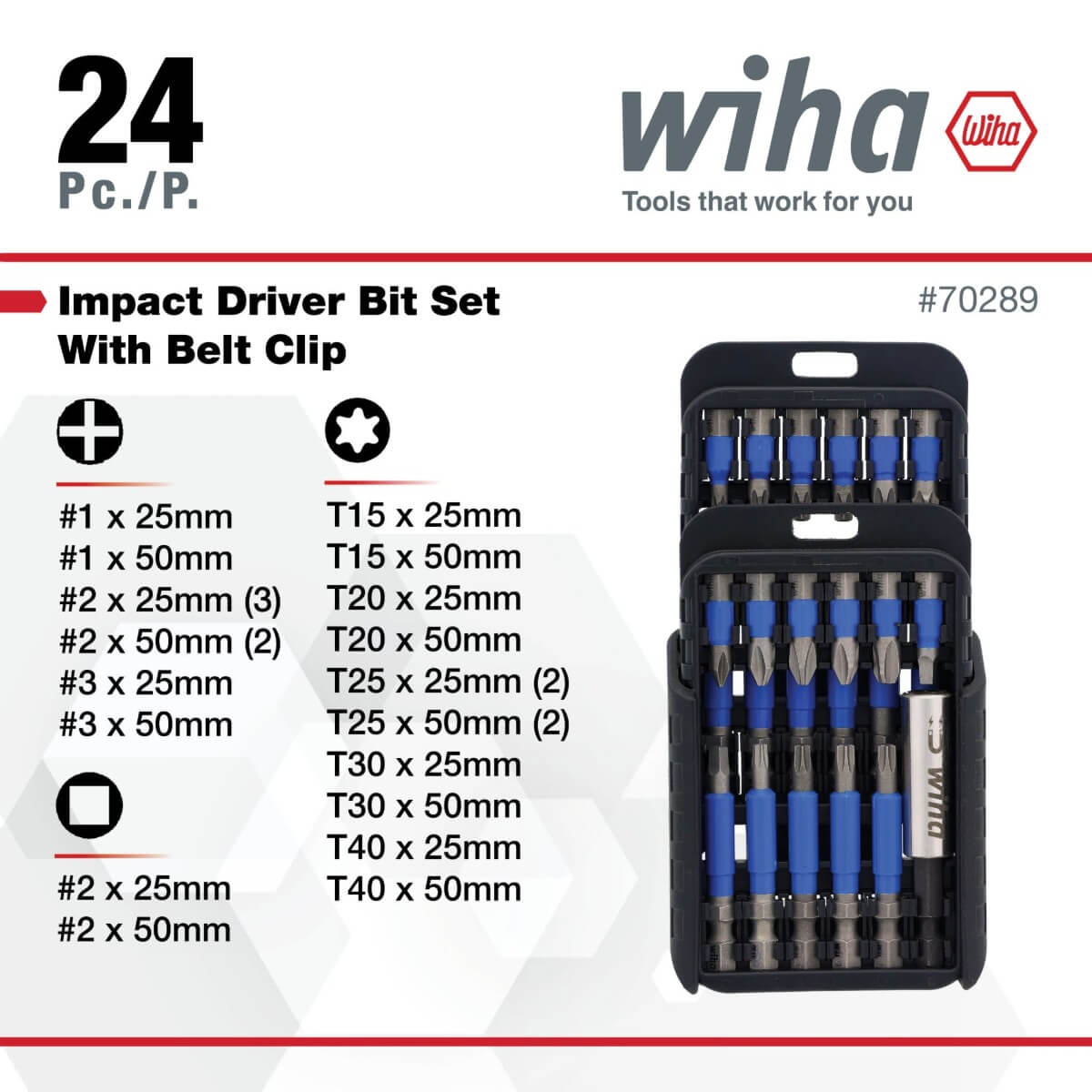 WIHA 70289 - TerminatorBlue Impact Driver Bit Set with Belt Clip, 24-Piece