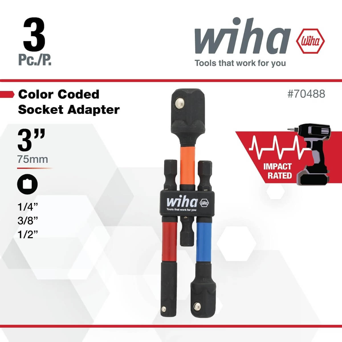 WIHA 70488 - 3-Piece Color Coded Socket Adapter Set (1/4", 3/8", 1/2" Drive)