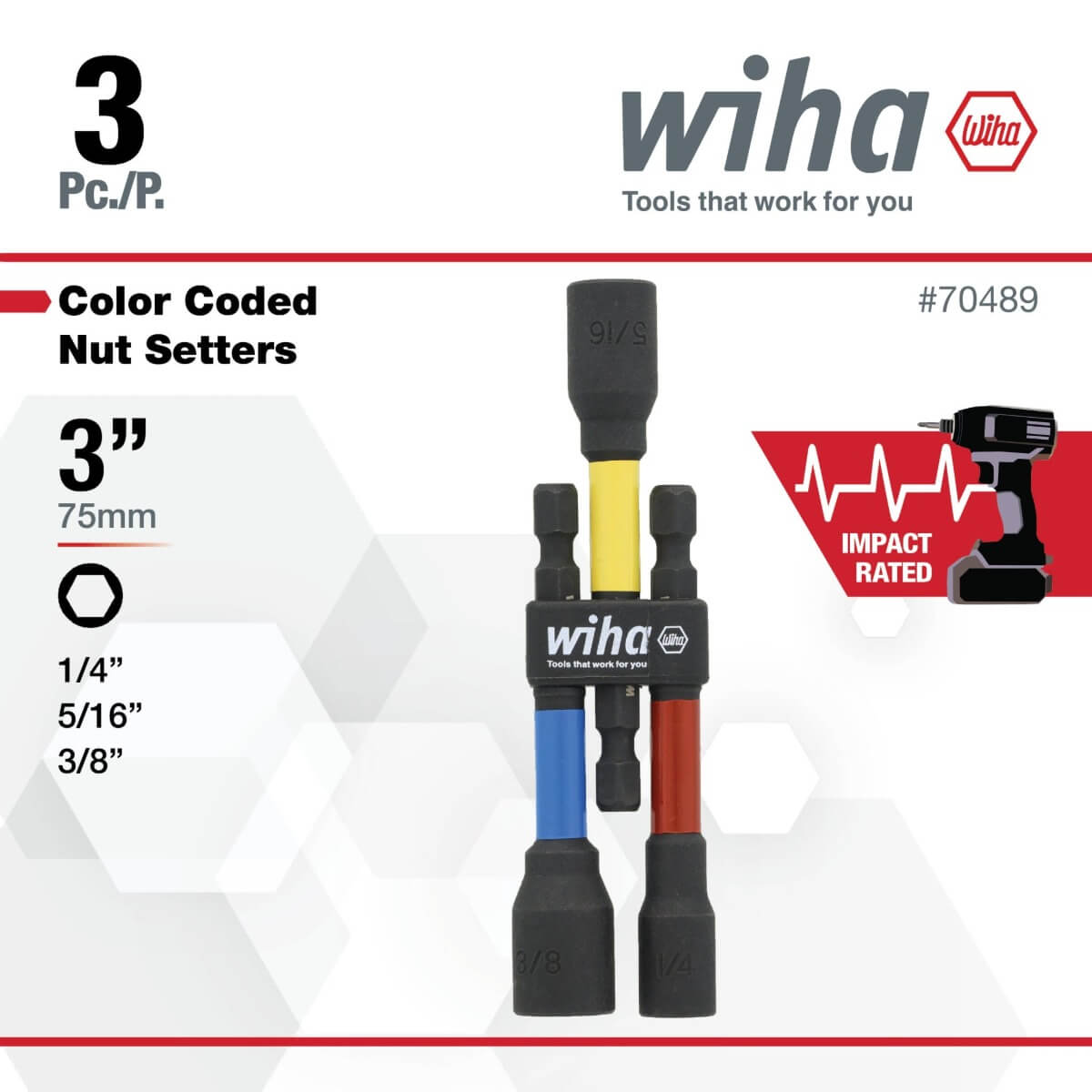 WIHA 70489 - 3-Piece Color Coded Magnetic Nut Setter SAE Set (3-Inch)