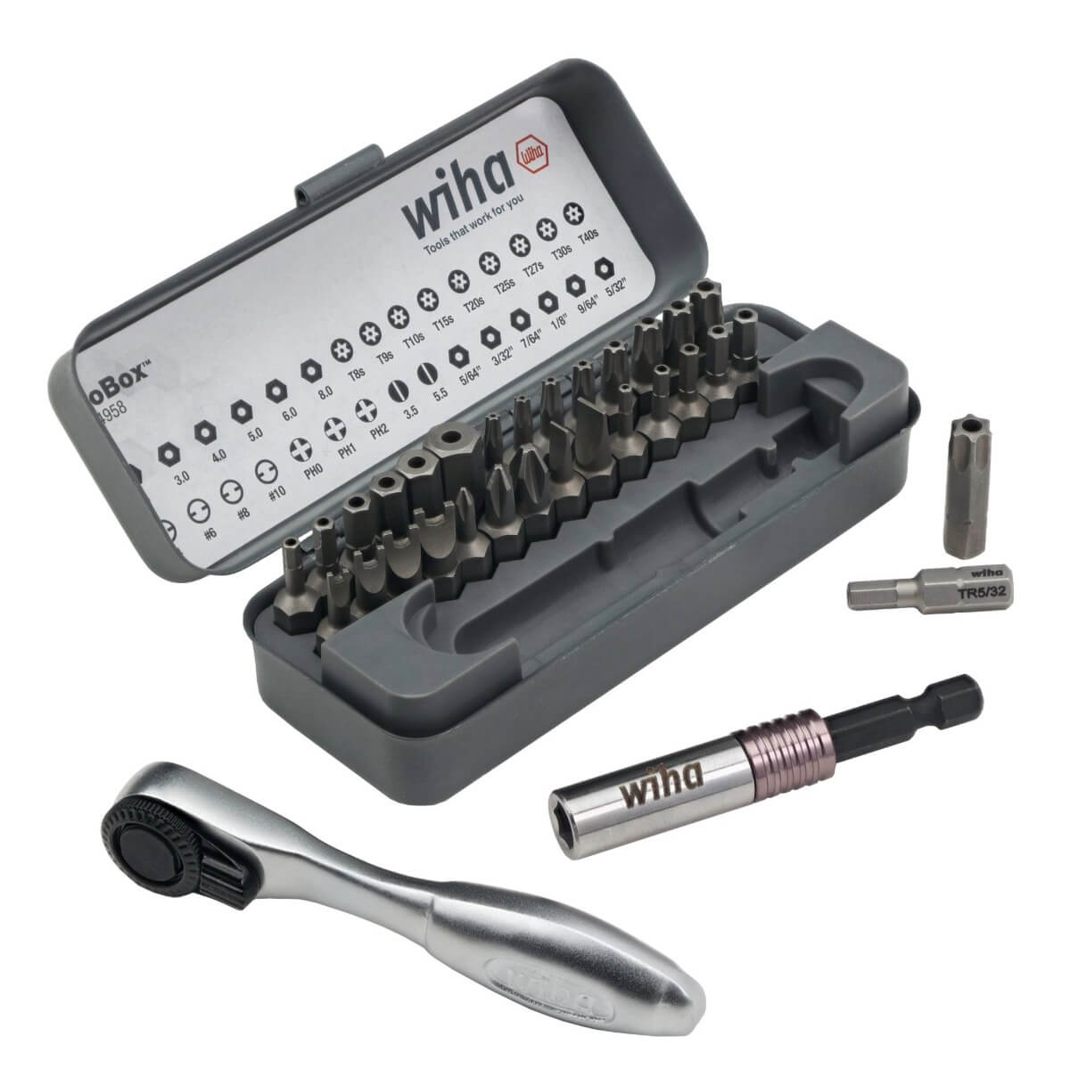 WIHA 74958 - 32-Piece GoBox Security Bit Set with Mini Ratchet