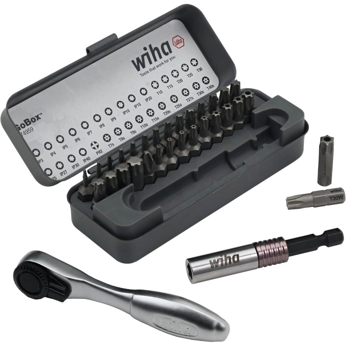 WIHA 74959 - 32-Piece GoBox Master Torx Bit Set with Mini Ratchet