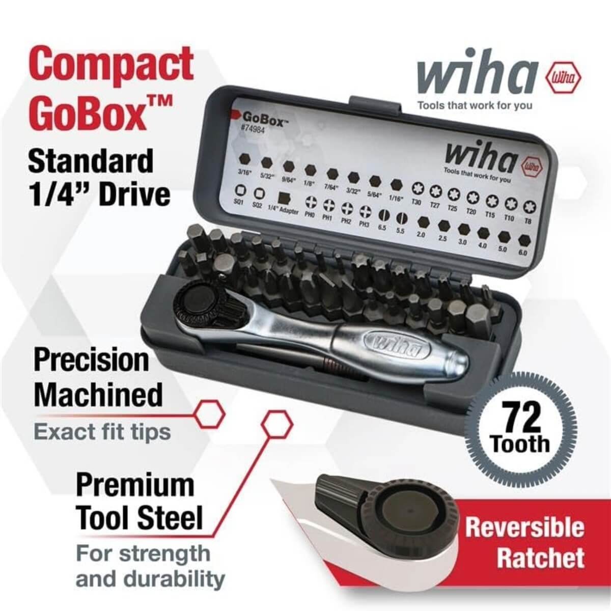 WIHA 74984 - 32-Piece GoBox Standard Bit Set with Mini Ratchet