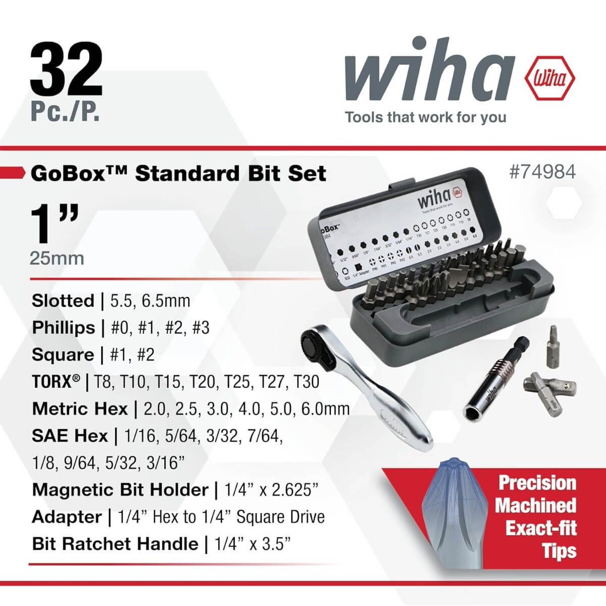 WIHA 74984 - 32-Piece GoBox Standard Bit Set with Mini Ratchet