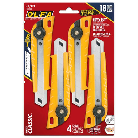 OLFA L-1/CP4 - 18mm Ratchet-Lock Heavy-Duty Utility Knife (4-Pack)