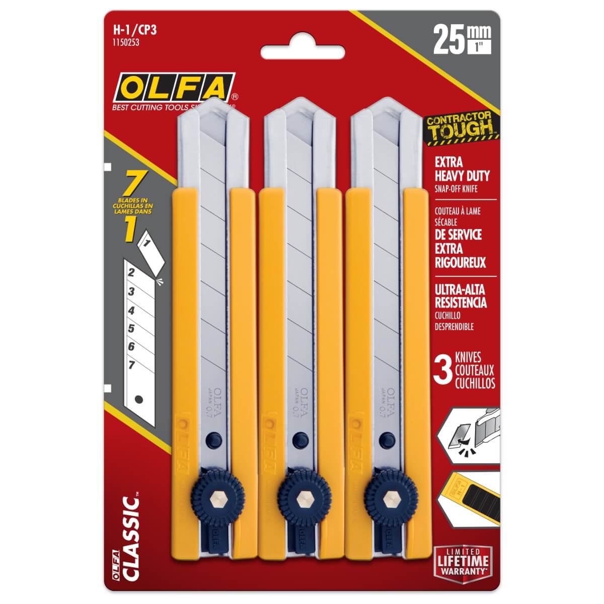 OLFA H-1/CP3 - Classic Extra Heavy-Duty Ratchet-Lock Utility Knife with Anti-Slip Grip (3-Pack)