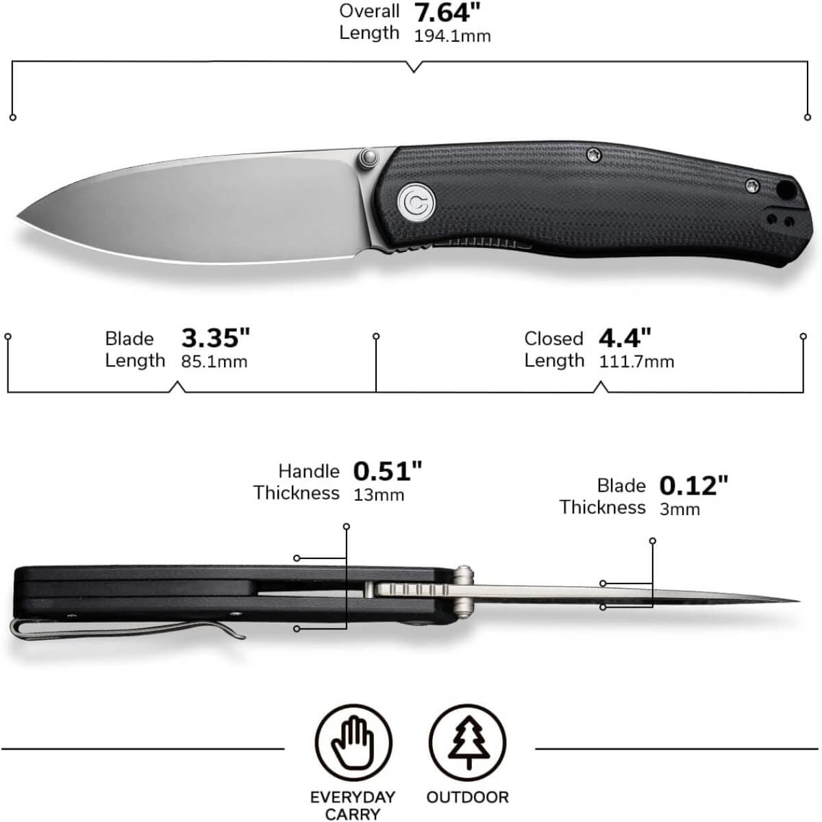 CIVIVI C22007-1 - Sokoke Ray Laconico Front Flipper Knife, Black G10