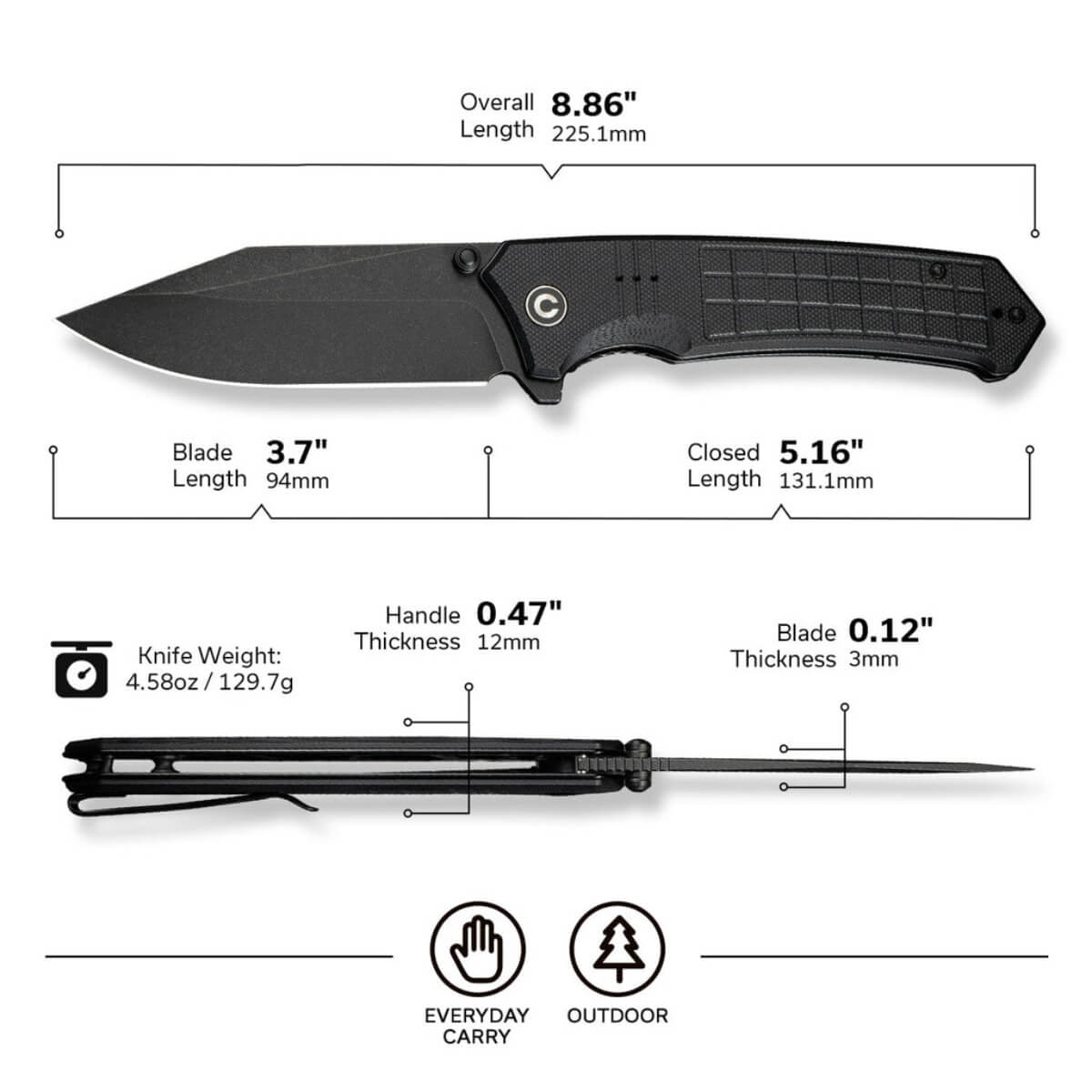 CIVIVI C23055-1 - Tacticorix Flipper & Thumb Stud Folding Knife, Black G10