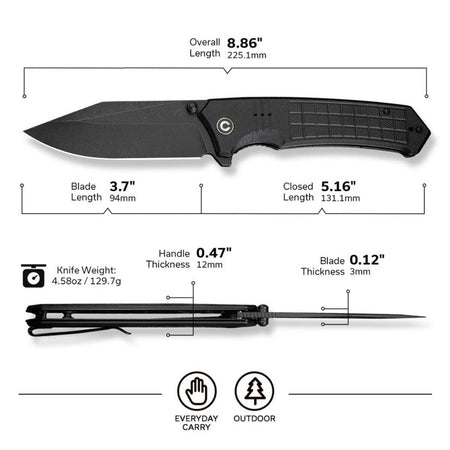 CIVIVI C23055-1 - Tacticorix Flipper & Thumb Stud Folding Knife, Black G10