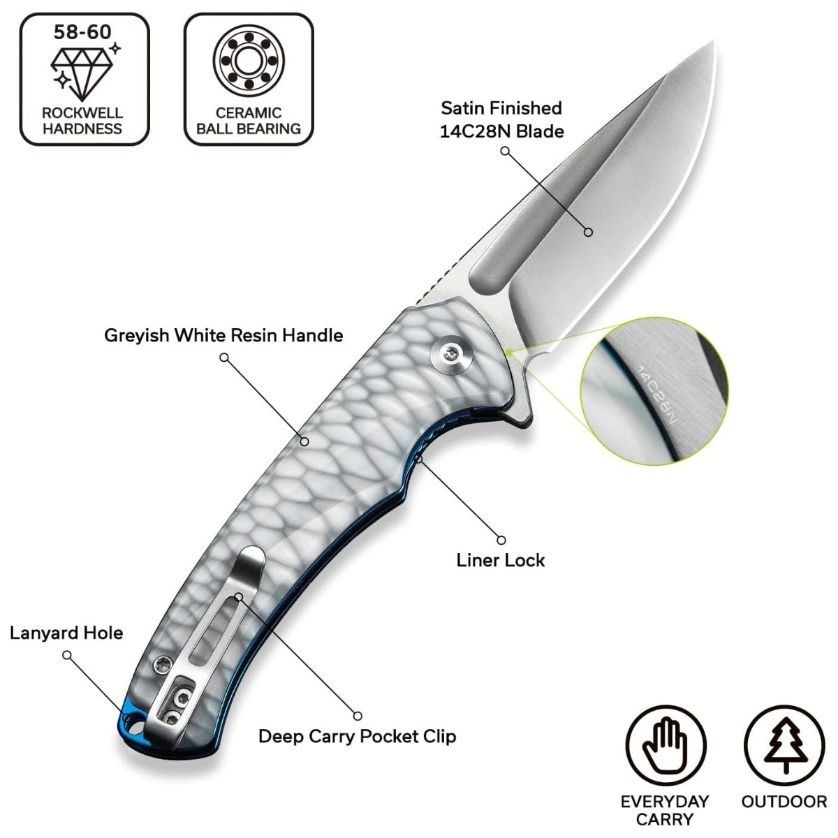 CIVIVI C24040-2 - Voidflare Flipper Knife - Satin 14C28N, Greyish White Resin