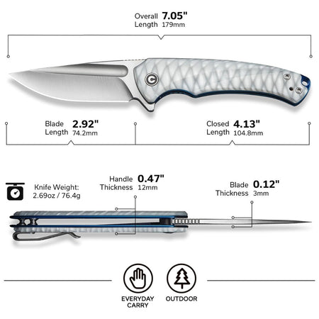 CIVIVI C24040-2 - Voidflare Flipper Knife - Satin 14C28N, Greyish White Resin