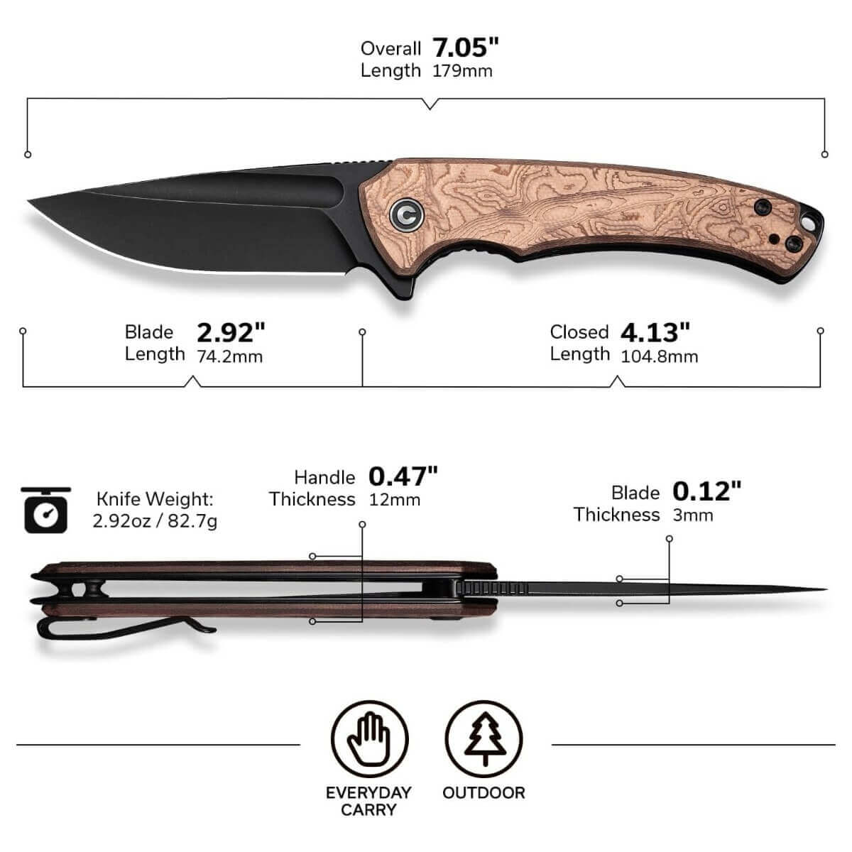 CIVIVI CIV-C24040-3 - Voidflare Flipper Folding Knife, Black Stonewashed 14C28N, Copper Foil G10 Handle