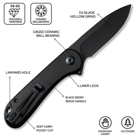 CIVIVI CIV-C907W - Elementum Flipper Folding Knife - Black Ebony Wood Handle