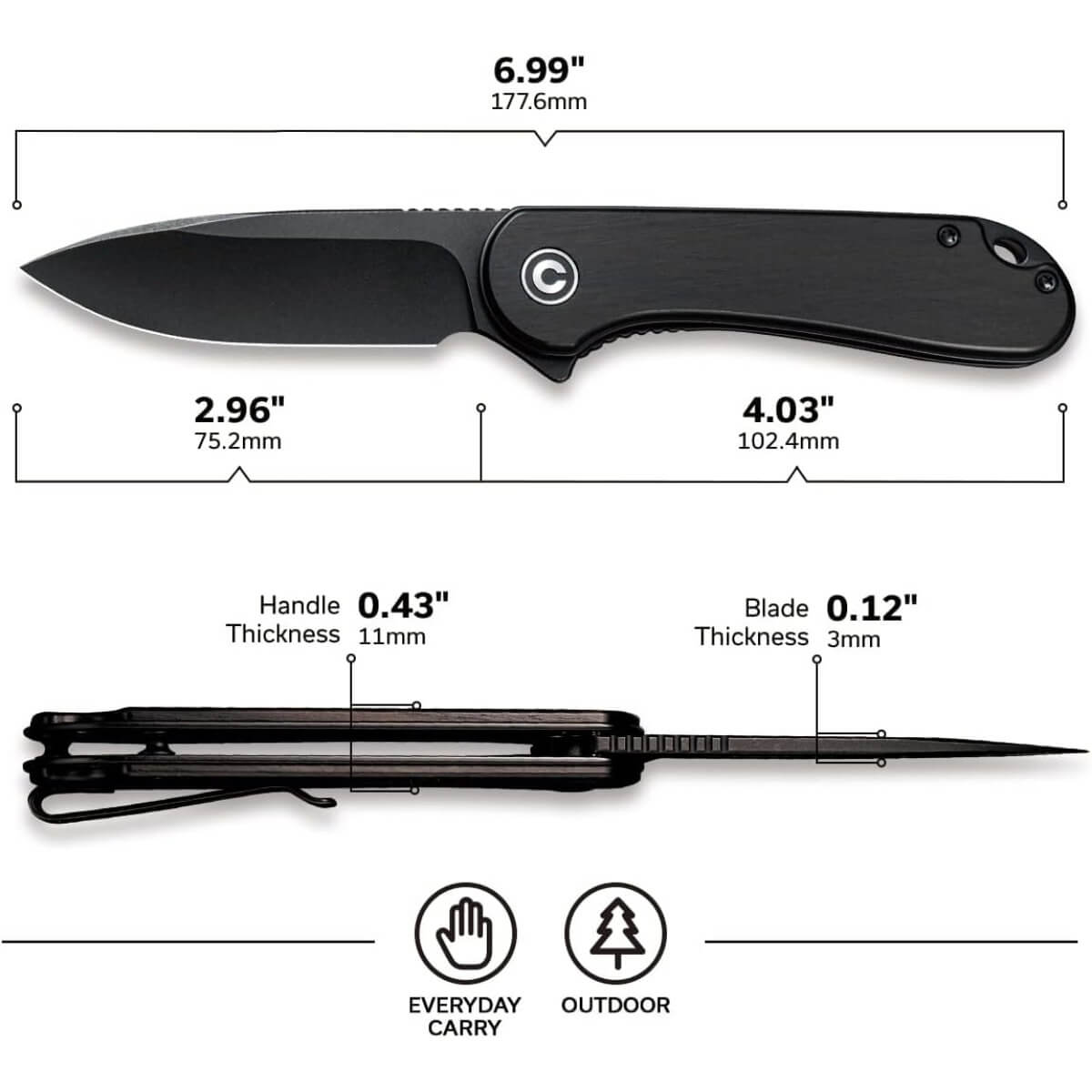 CIVIVI CIV-C907W - Elementum Flipper Folding Knife - Black Ebony Wood Handle