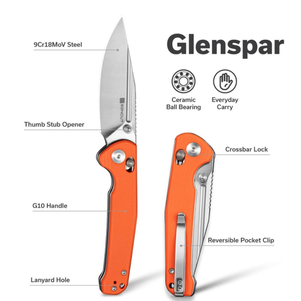 SENCUT SEN-S25046-1 Glenspar Crossbar Lock Folding Knife - Orange G10 Handle