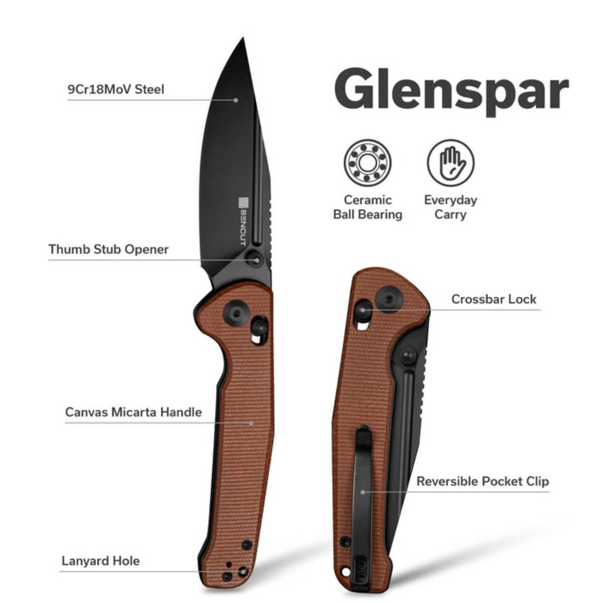 SENCUT SEN-S25046-3 - Glenspar Crossbar Lock Folding Knife - Brown Micarta
