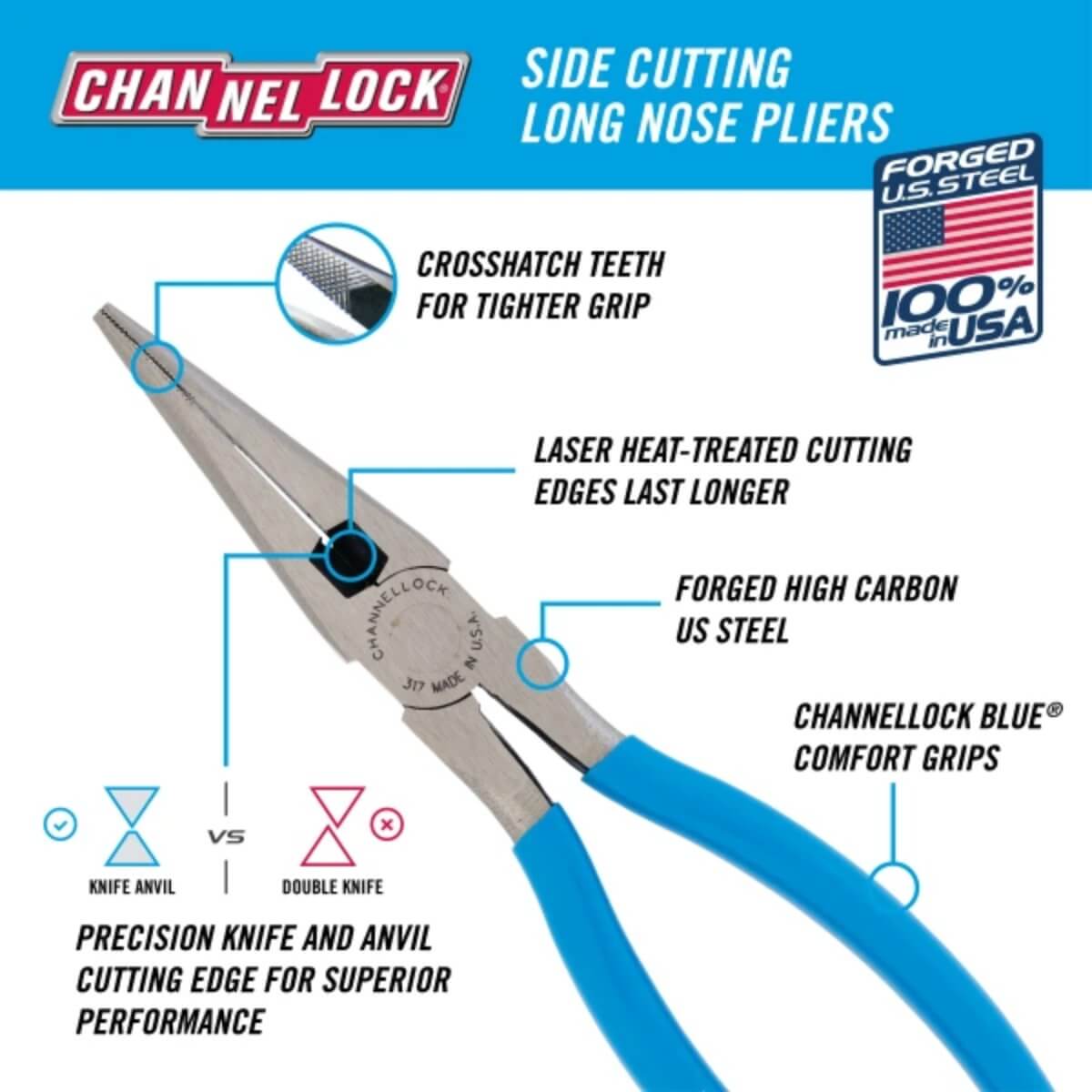 CHANNELLOCK CHA-317 - 8-Inch Long Nose Pliers with Side Cutter