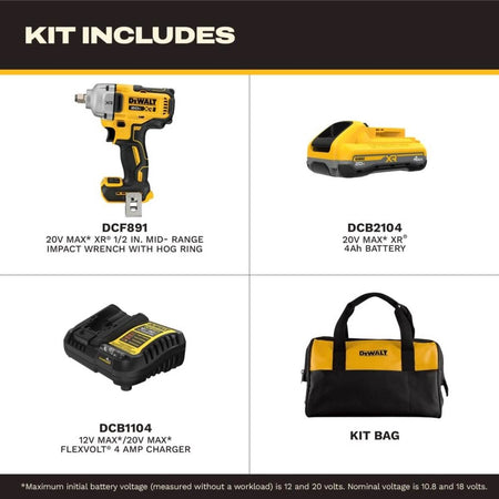 DEWALT DCF891QQ1 - 20V MAX* XR® 1/2 in. Mid-Range Impact Wrench Kit with Hog Ring Anvil