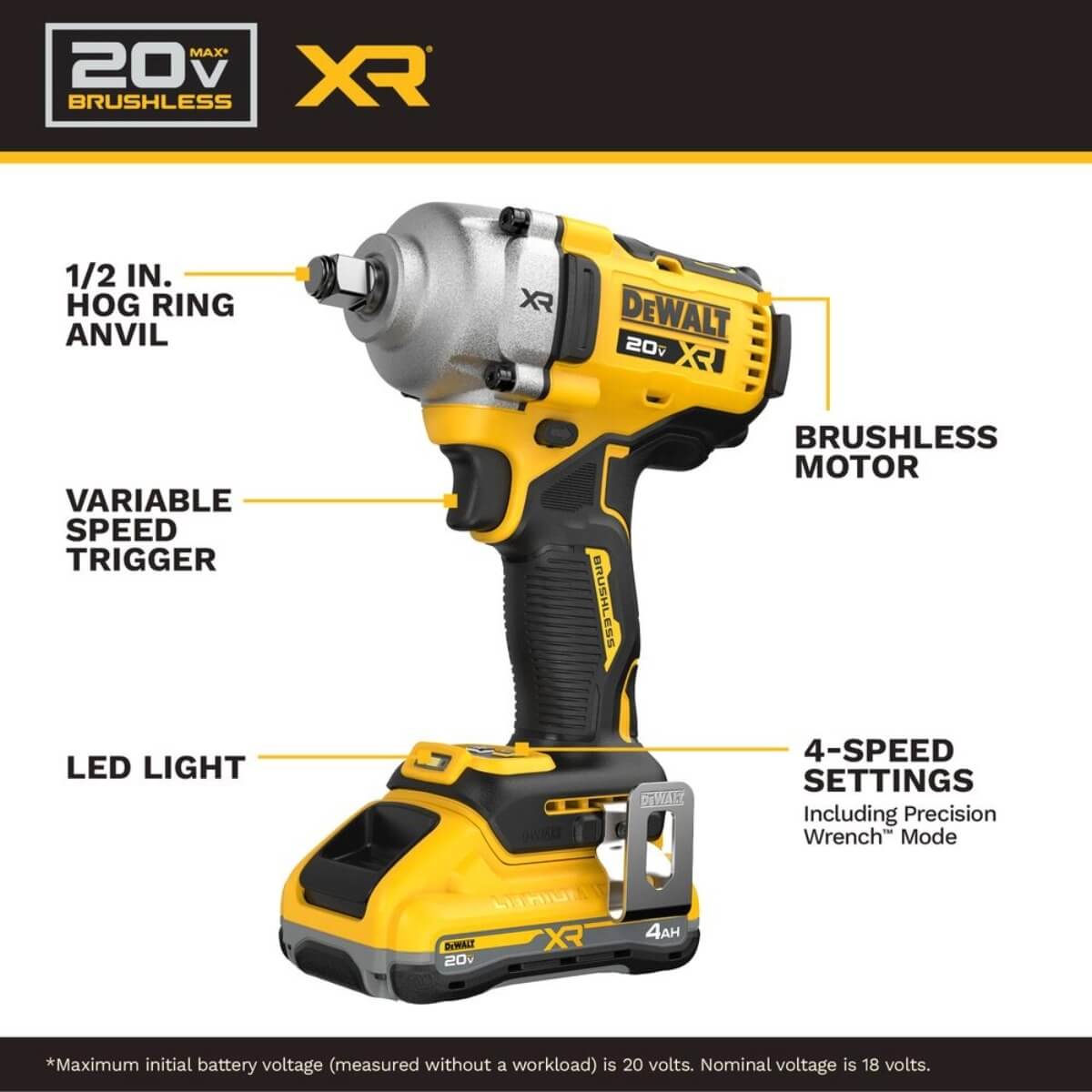 DEWALT DCF891QQ1 - 20V MAX* XR® 1/2 in. Mid-Range Impact Wrench Kit with Hog Ring Anvil