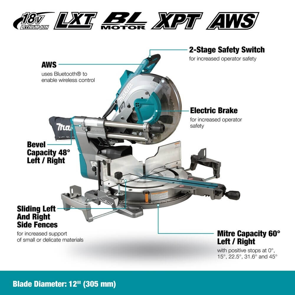 MAKITA LS003GM102 - 40V Max XGT Brushless 12" (305mm) Dual-Bevel Sliding Compound Mitre Saw Kit with AWS
