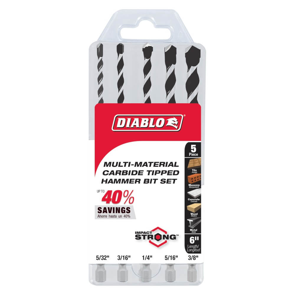 DIABLO DMAMM1190-S5 - 5-Piece Multi-Material Carbide-Tipped Hammer Drill Bit Set