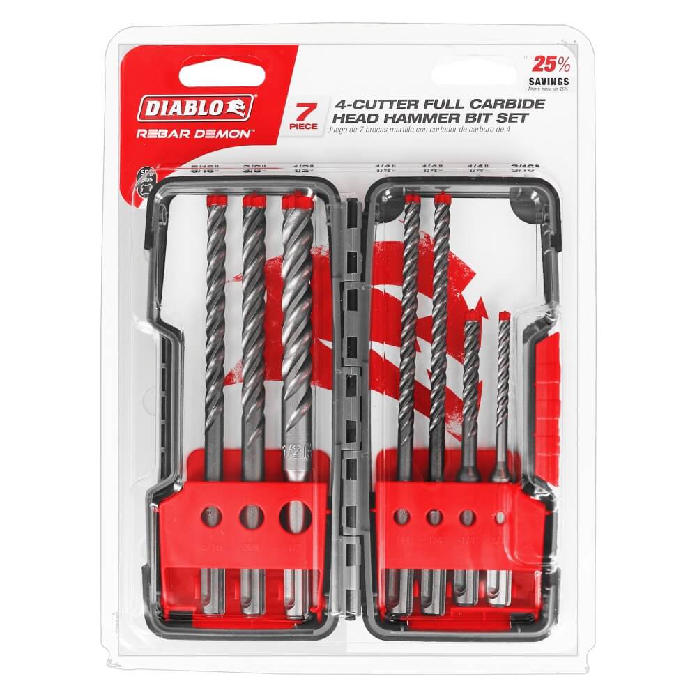 DIABLO DMAPL9920-S7 - 7-Piece Rebar Demon™ SDS-Plus 4-Cutter Full Carbide Head Hammer Drill Bit Set