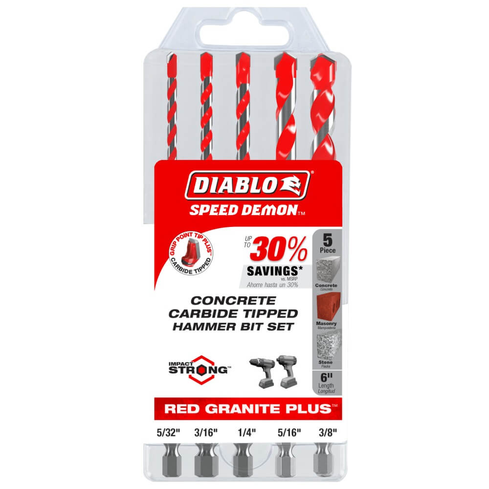 DIABLO DMARG1220-S5 - 5-Piece SPEEDemon Red Granite PLUS Carbide-Tipped Hammer Drill Bit Set