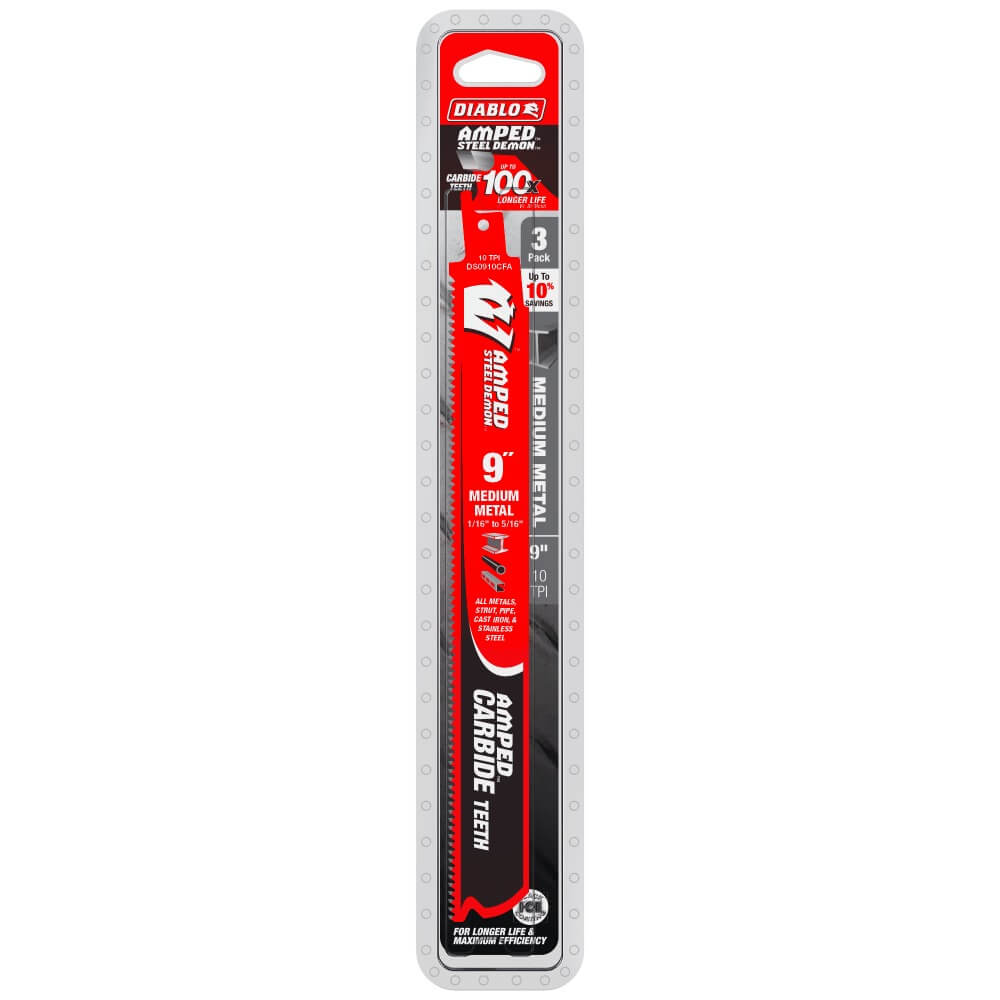 DIABLO DS0910CFA3 - 9" 10 TPI AMPED™ Steel Demon™ Carbide Teeth Reciprocating Saw Blade for Medium Metal (3-Pack)
