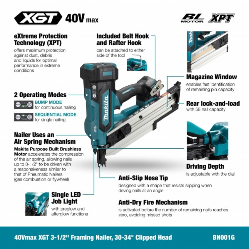 MAKITA BN001GZ01 - 40V Max XGT Brushless 3-1/2" Framing Nailer - Tool Only