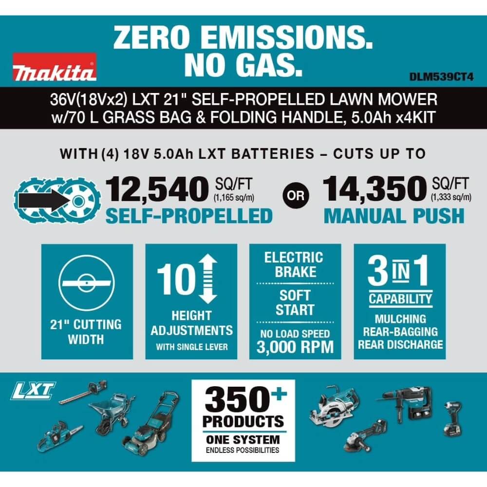 MAKITA DLM538CT4 - 36V (18Vx2) LXT Brushless 21" Lawn Mower Kit