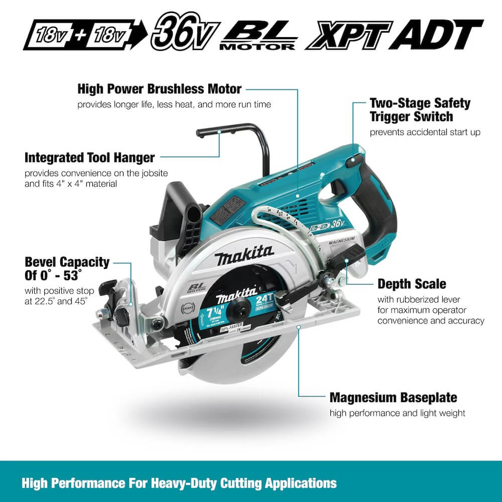 MAKITA DRS780PT2X - 18V x2 LXT Brushless Cordless 7-1/4" Rear Handle Circular Saw Kit