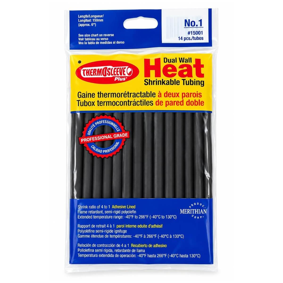 Merithian TS-15001 Thermosleeve 1/4 in. x 6 in. Dual Wall Adhesive Lined Heat Shrink Tubing - 14 Pack