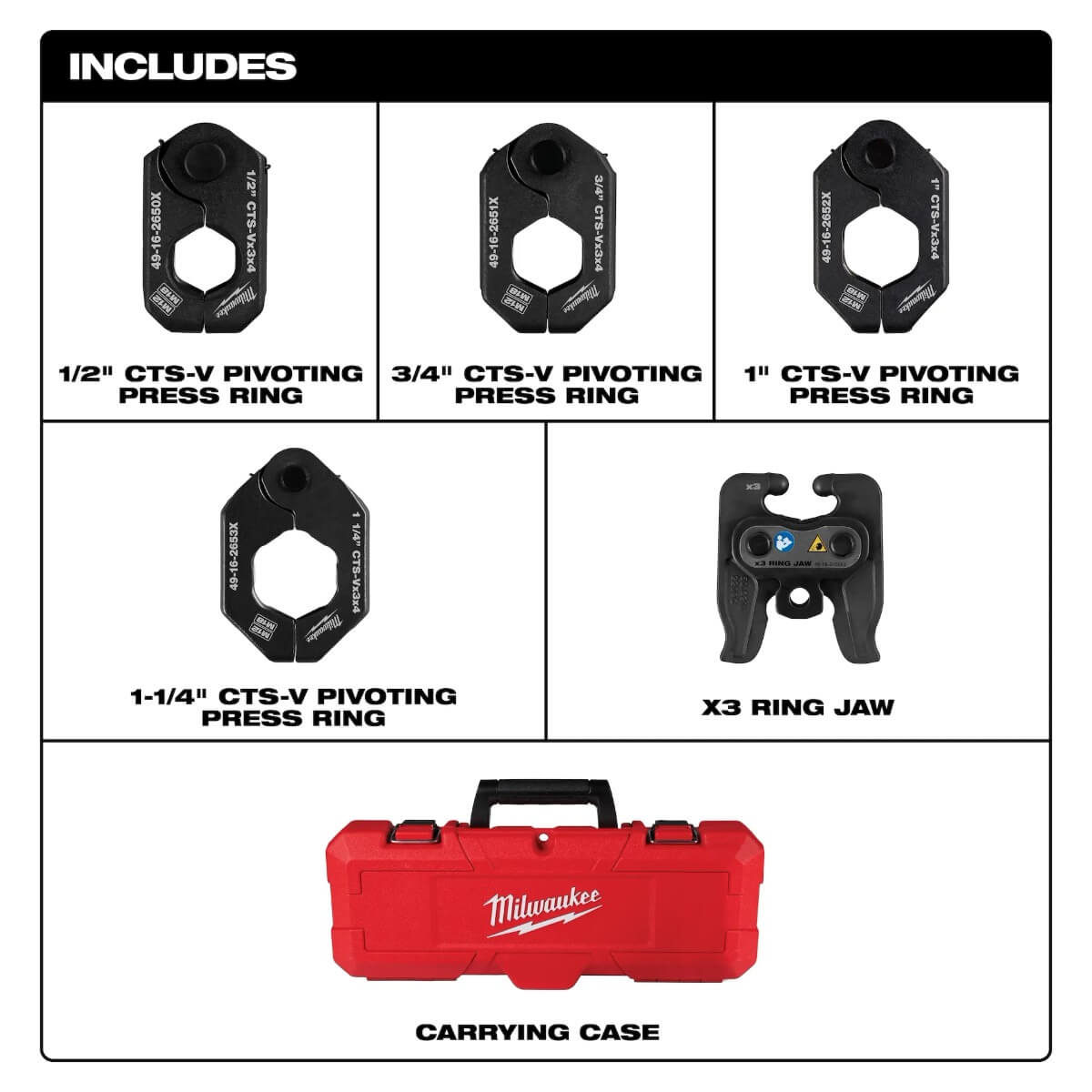 MILWAUKEE 49-16-2490X - 1/2" - 1-1/4" CTS-V Pivoting Press Ring Kit for M12 FORCE LOGIC Press Tool