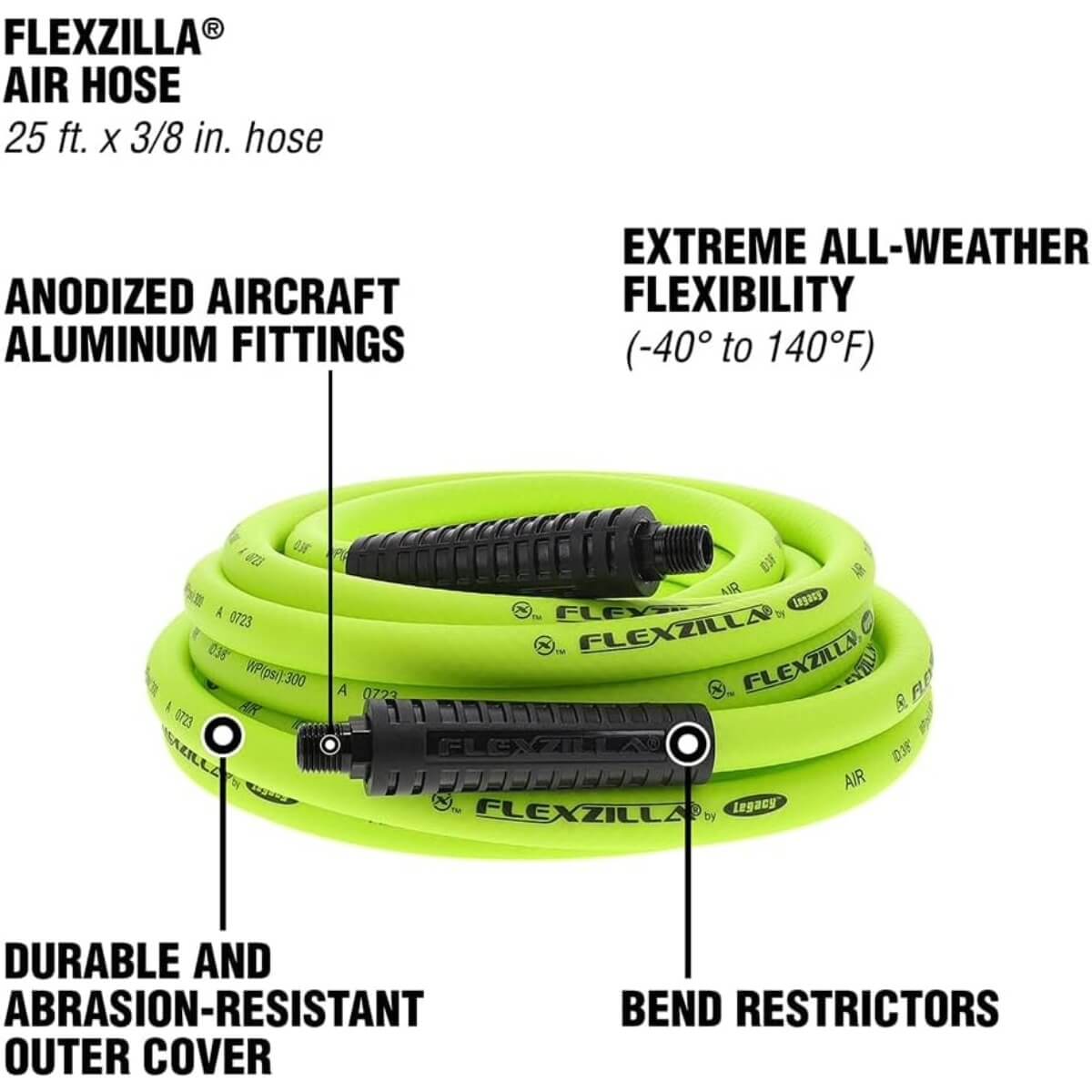 FLEXZILLA HFZ3825YW2 - 3/8 in. x 25 ft. ZillaGreen Premium Hybrid Air Hose