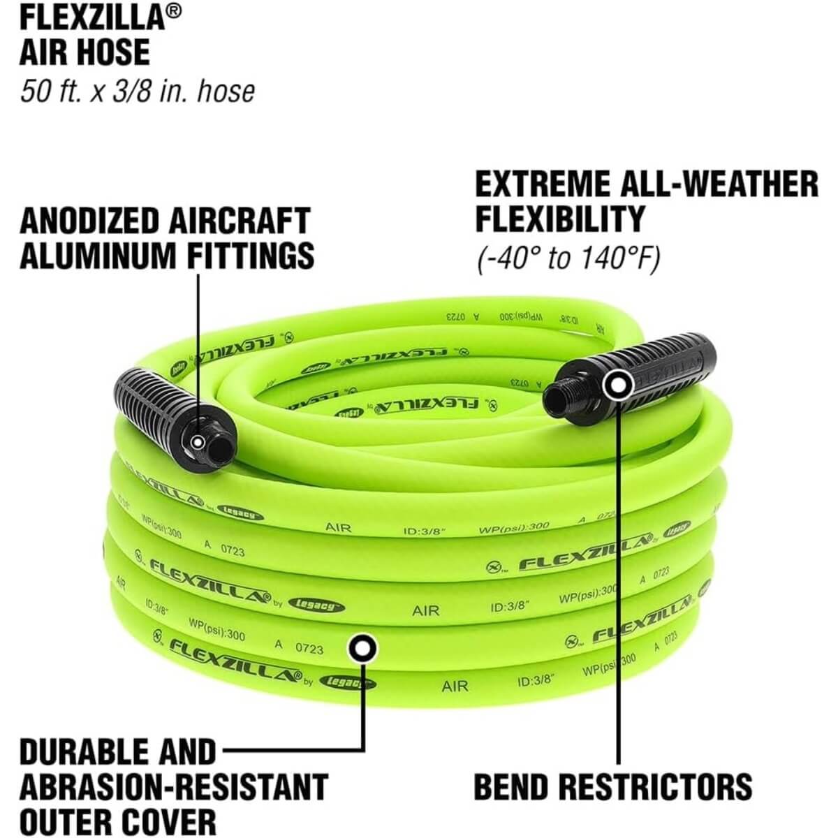 FLEXZILLA HFZ3850YW2 - Premium Hybrid Polymer Air Hose, 3/8 in. x 50 ft.