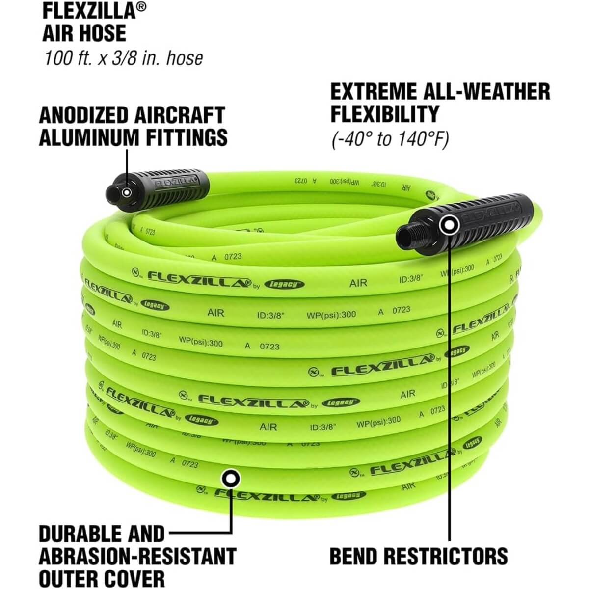 FLEXZILLA HFZ38100YW2 - Pro Air Hose, 3/8 in. x 100 ft., 1/4 in. MNPT Fittings