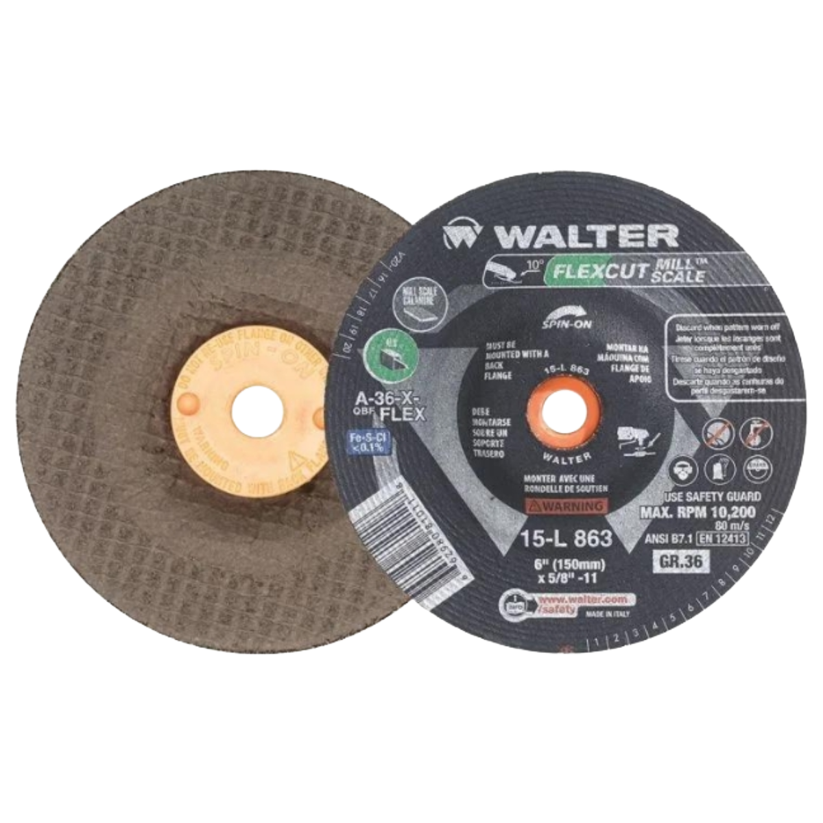 WALTER 15L863 - Flexcut Mill Scale Flexible Grinding Wheel 6" x 5/8-11" 36 Grit