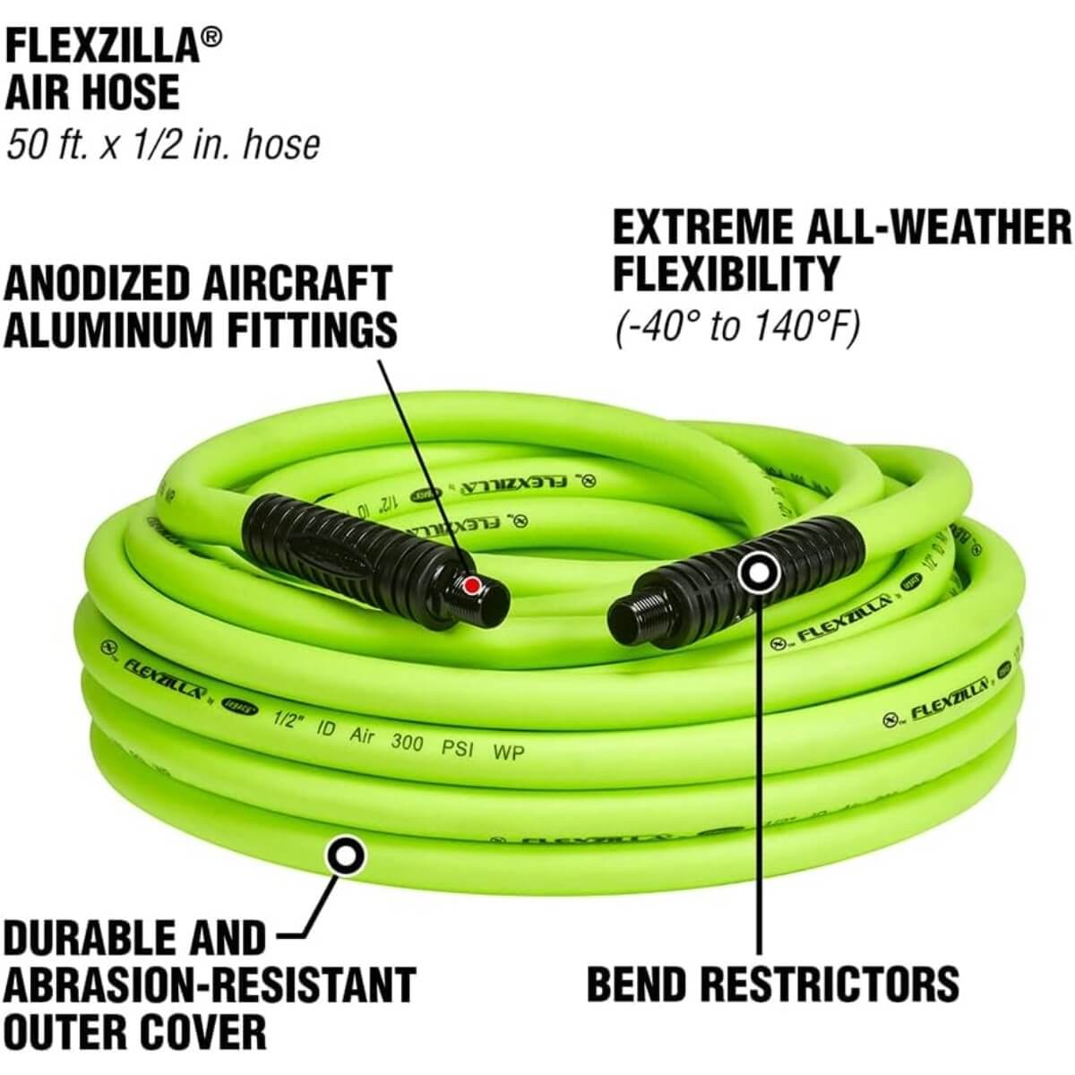 FLEXZILLA HFZ1250YW3 - High-Visibility Yellow Air Hose - 1/2 in. x 50 ft. with 3/8 in. MNPT Fittings