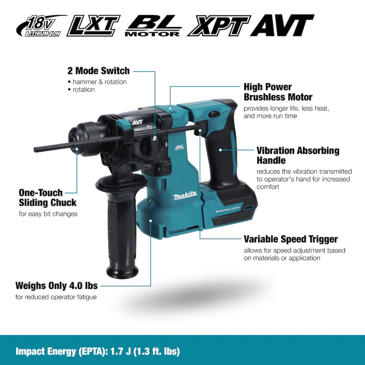 MAKITA DHR183Z - 18V LXT BL 11/16" Rotary Hammer SDS-PLUS, Tool Only