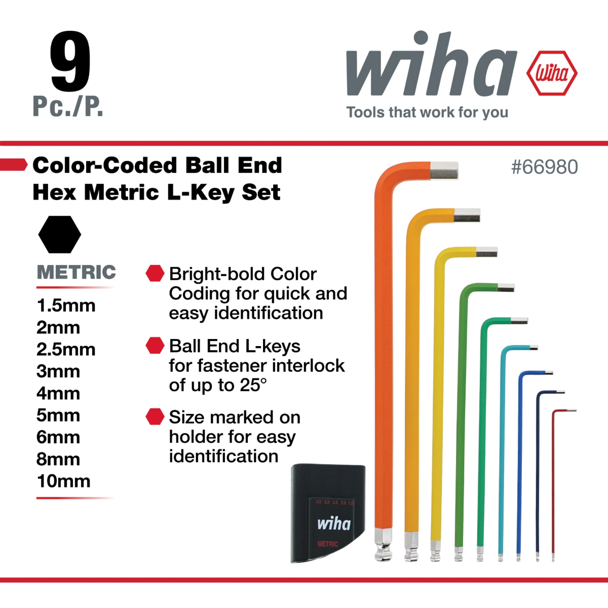 WIHA WIH-66980 - 9pc Metric Ball End Colour Coded Hex Key Set