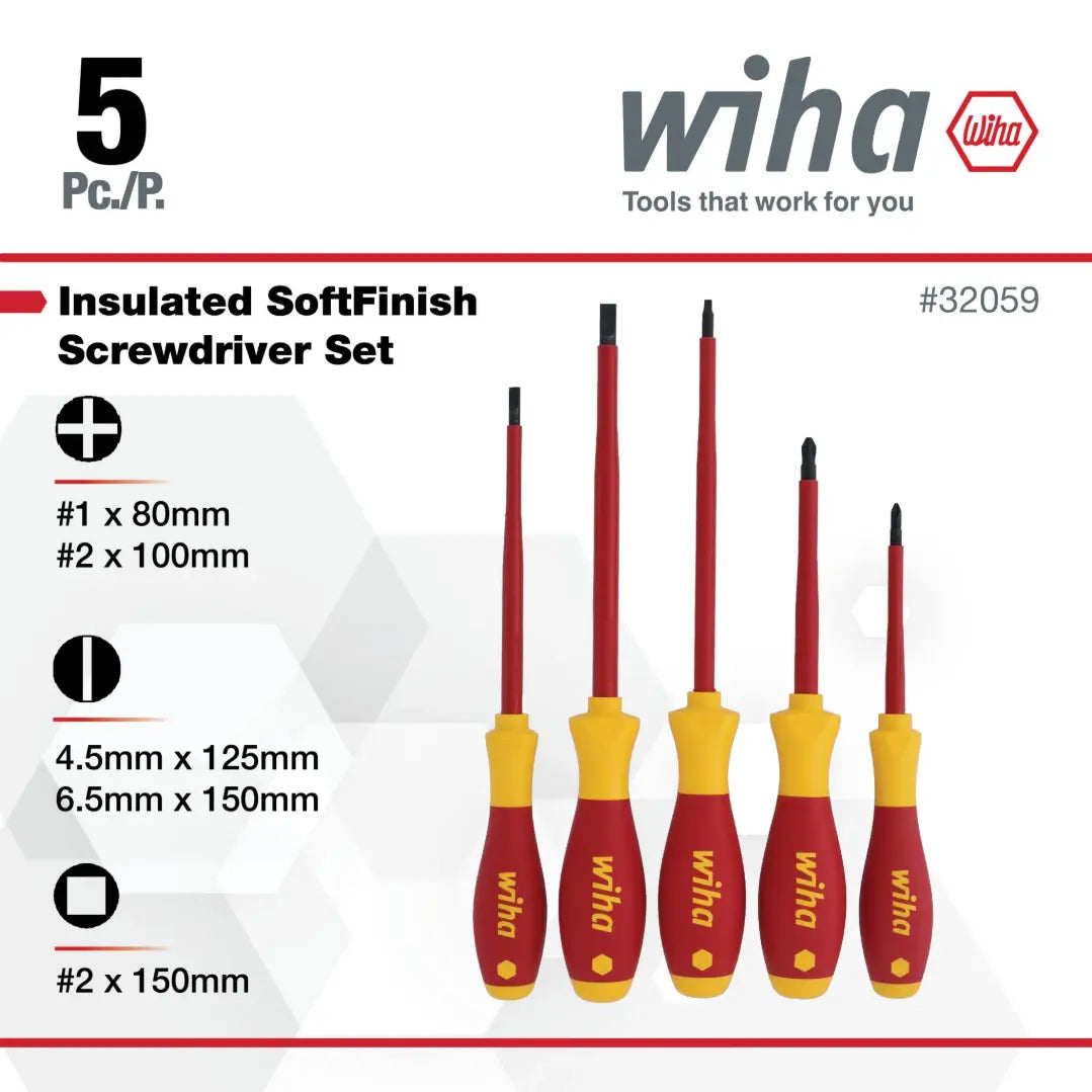 WIHA WIH-32059 - 5pc Insulated SoftFinish Screwdriver Set - Slotted, Phillips & Square WIHA