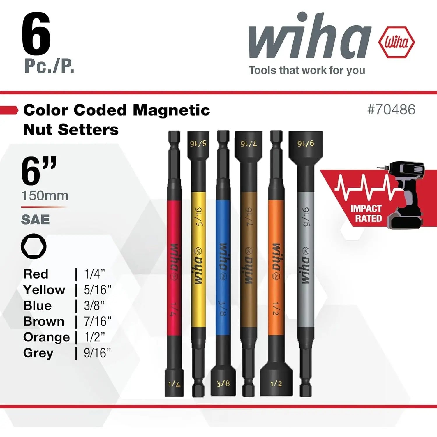 WIHA WIH-70486 - 6pc SAE Colour Coded Magnetic Nut Setter Set WIHA