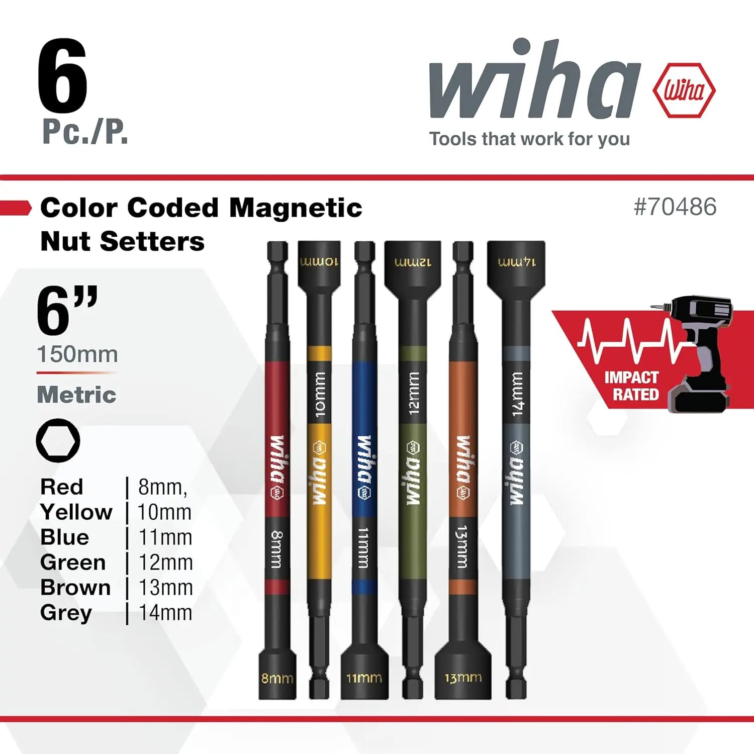 WIHA WIH-70487 - 6pc Metric Colour Coded Magnetic Nut Setter Set WIHA