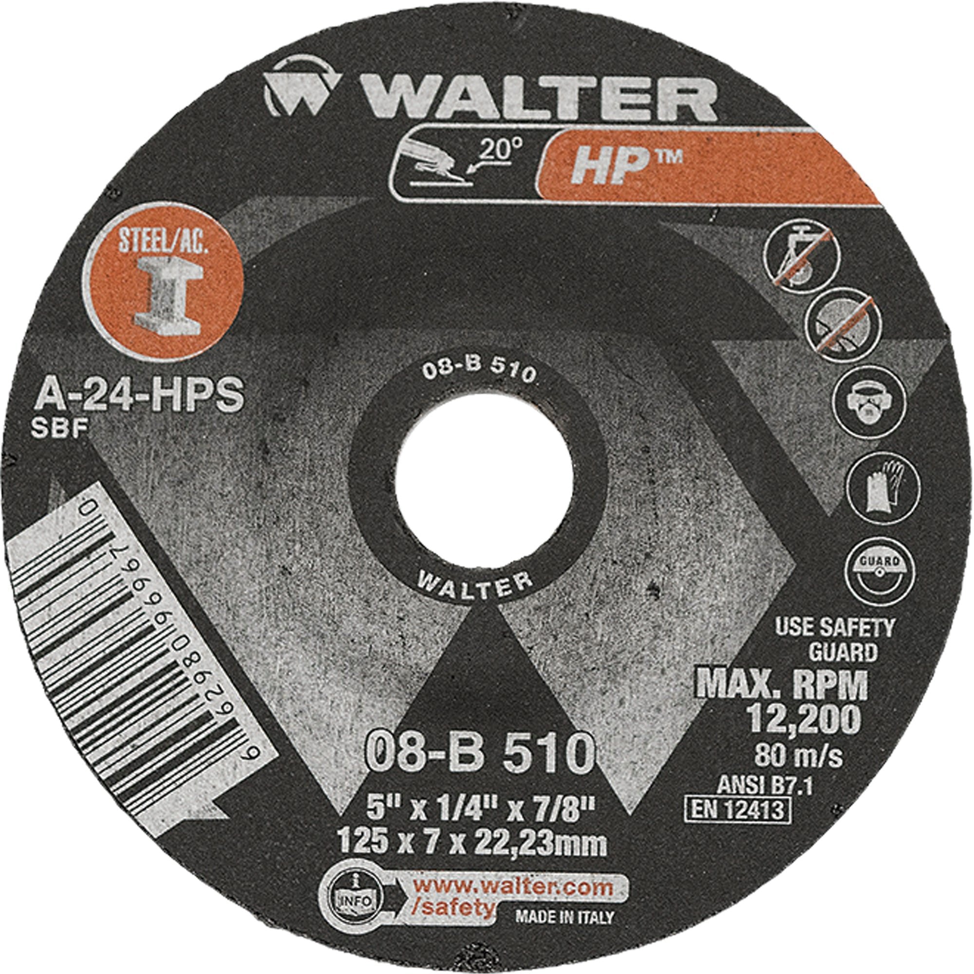 Walter 08B510  -  5"x1/4" HP Grinding Wheel - Wise Line Tools