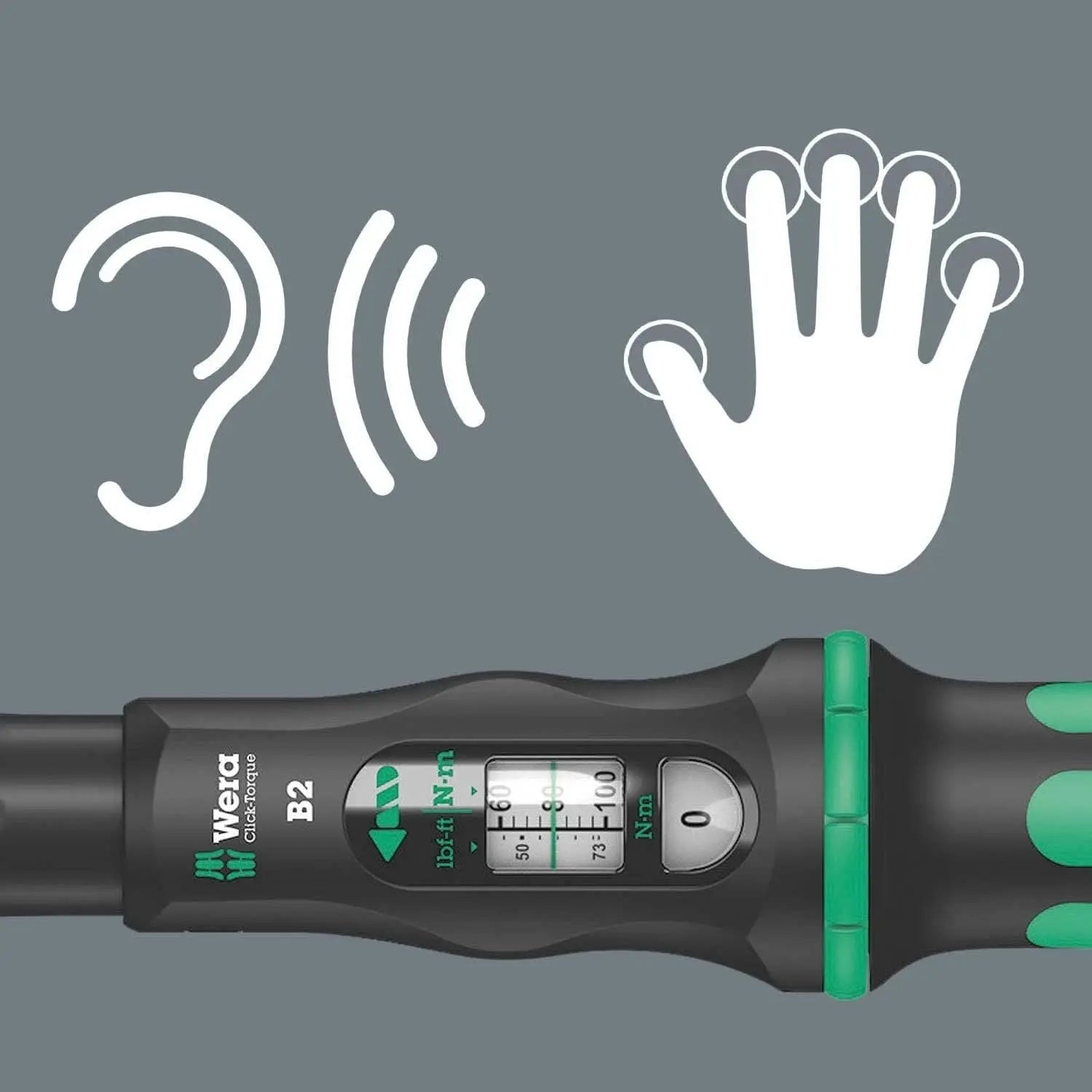 Wera WER-075611 Click-Torque B 2 torque wrench with reversible ratchet, 3/8"" x 20-100 Nm", black/green - Wise Line Tools