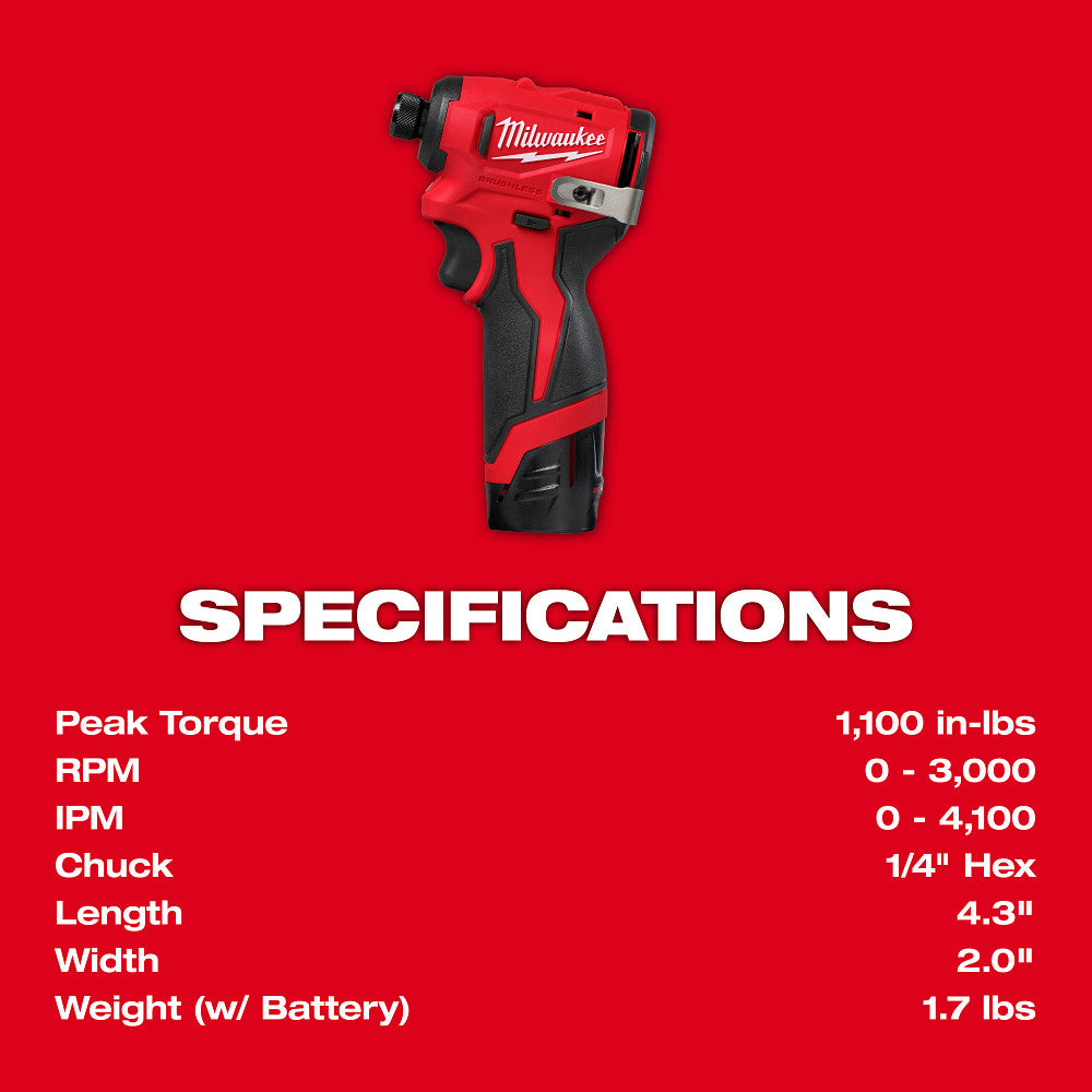 Milwaukee 3450-22 - Kit de visseuse à chocs hexagonale 1/4" sans balais M12™ sous-compacte